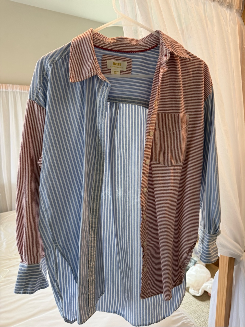 Over-sized Striped Two-Tone Button-Up Shirt in Blue and Rust
